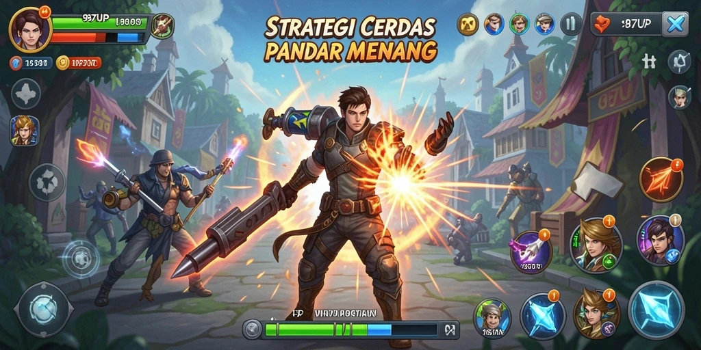 Tangkapan layar utama 987UP menampilkan pertempuran strategi yang epik.