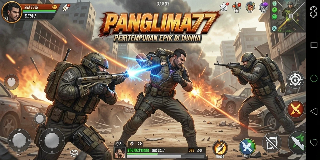 Screenshot utama PANGLIMA77 menampilkan aksi pertempuran yang intens.