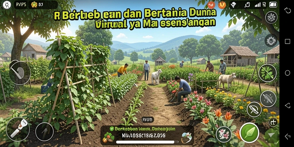 Screenshot utama game RVIP5 menampilkan aktivitas berkebun yang seru.
